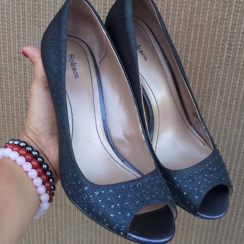 Stylish Black Peep-Toe Heels, Style & Co. Size 8, Sparkling Blue